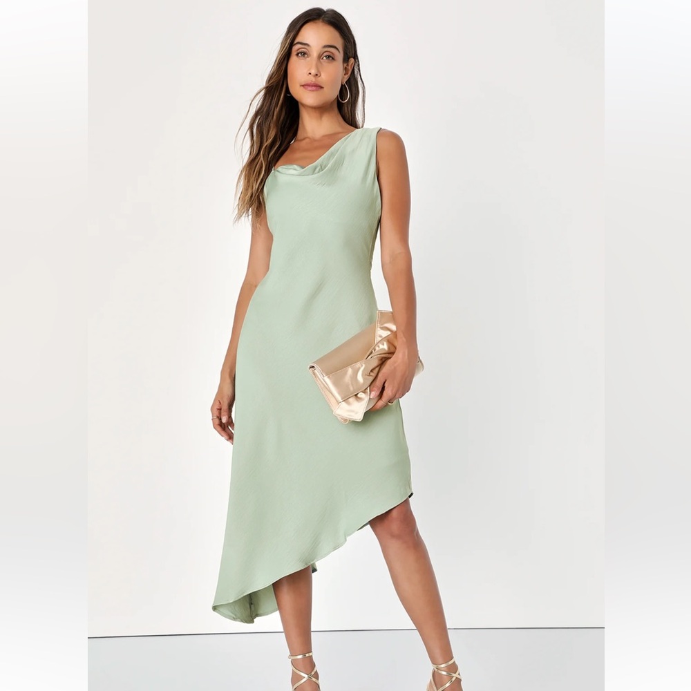 Lulus Instant Impression Sage Green Asymmetrical Midi Dress